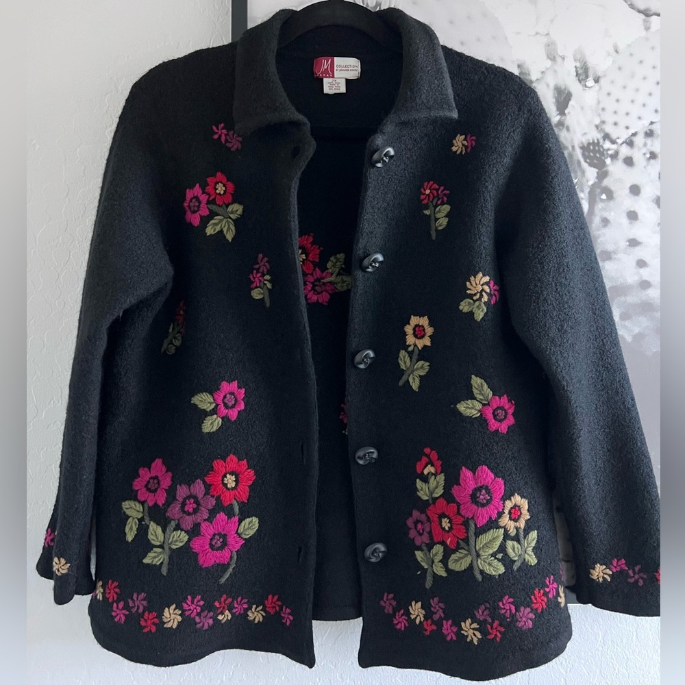 Vintage Jennifer Moore Collection 100% Wool Floral Embroidered Black Cardigan